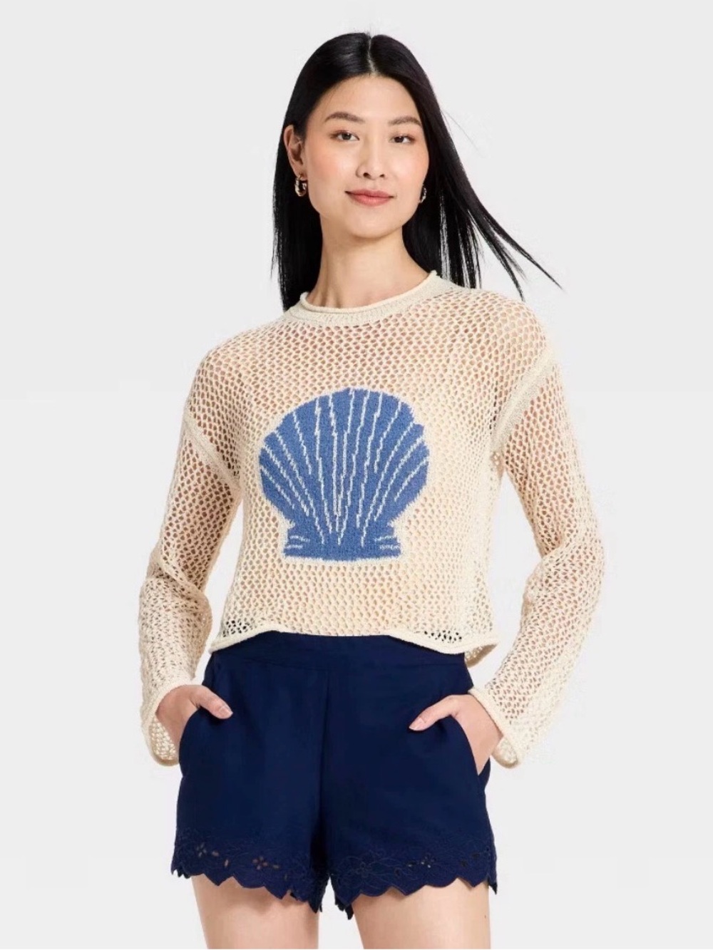 💙NWOT A New Day Women’s Cream Blue Seashell Coastal Open Knit Oversized Sweater